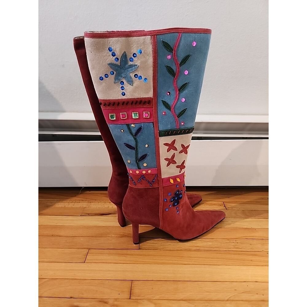 Patchwork Suede Knee-High Ankle Boots in Red and Blue